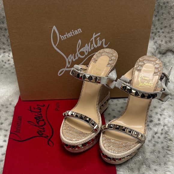 Christian Louboutin Shoes - Christian Louboutin Cataclou Beige Embossed Payton Studded Espadrilles